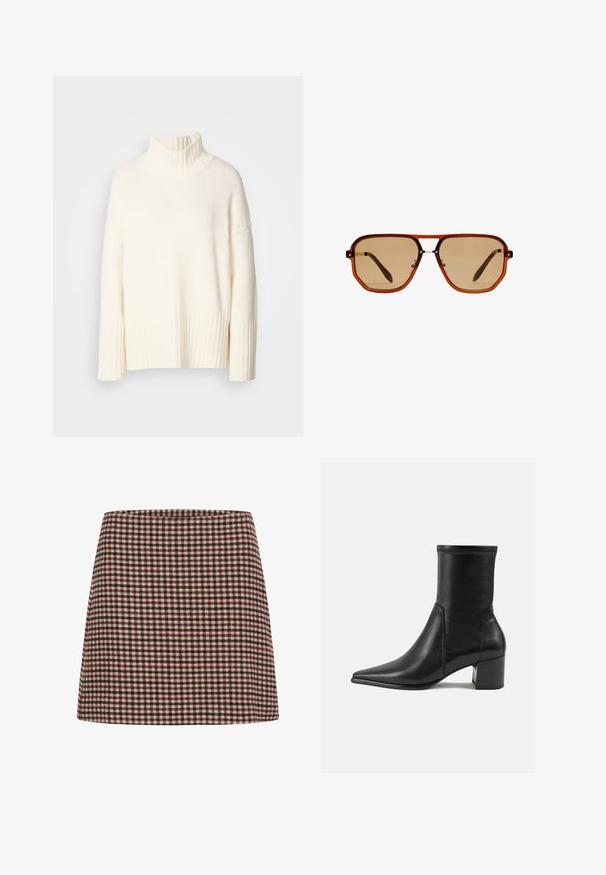 Cremfarbener Rollkragenpullover aus strukturiertem Strickstoff, mit gerippten Bündchen und Saum, lockerem Schnitt und seitlichen Schlitzen.; Ein rot-weißer kariert Minirock mit geradem Schnitt und strukturiertem Stoff. Keine sichtbaren Verschlüsse oder Verzierungen.; Schwarze Knöchelstiefel aus glattem Leder, mit spitzem Zehenbereich, einem Blockabsatz und markanten, raised stitching am oberen Rand.; Braune achteckige Sonnenbrille mit einem transparenten, bernsteinfarbenen Rahmen und braun getönten Gläsern. Verfügt über eine Metallverzierung am Steg und schlanke Bügel.; Braune Wildleder-Umhängetasche mit zwei Griffen, einem Knopfverschlussriemen und einer entspannten, leicht schlaffen Form.