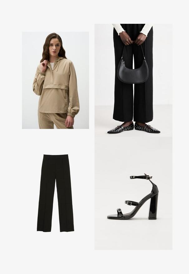 Jonge vrouw met lang golvend haar, gekleed in een beige hoodie met rits en bijpassende broek, die met één hand de kraag van de hoodie vasthoudt.; Zwarte wijde pantalon gemaakt van een soepele stof, met een aansluitende tailleband en subtiele plooien aan de voorkant voor extra textuur.; Zwarte patent lederen sandalen met hoge hakken, twee gespenbanden, een vierkante neus en een stevige blokhak, met een gladde, glanzende textuur.; Zwarte lederen schoudertas met een ronde vorm, glanzende afwerking en zilverkleurige hardware. Persoon in zwarte wijde broek en gestifte loafers.