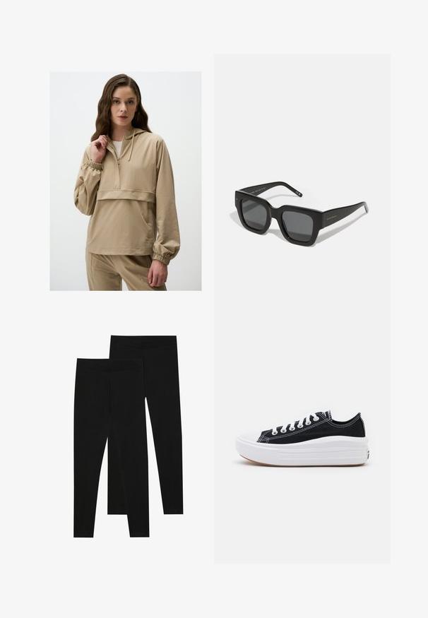 Giovane donna con lunghi capelli ondulati, che indossa una felpa beige con zip e pantaloni coordinati, che tiene il colletto della felpa con una mano.; Leggings neri realizzati in tessuto elastico, con una vita senza cuciture e un design slim fit, adatti per l'abbigliamento casual o per l'esercizio.; Sneaker nere in tela con lacci bianchi, punta in gomma bianca e una suola intermedia bianca e spessa. Presentano cuciture bianche sottili e una suola in gomma.; Occhiali da sole neri a forma quadrata con lenti scure, montatura in plastica spessa e tempie eleganti. Presentano un logo discreto sul lato.