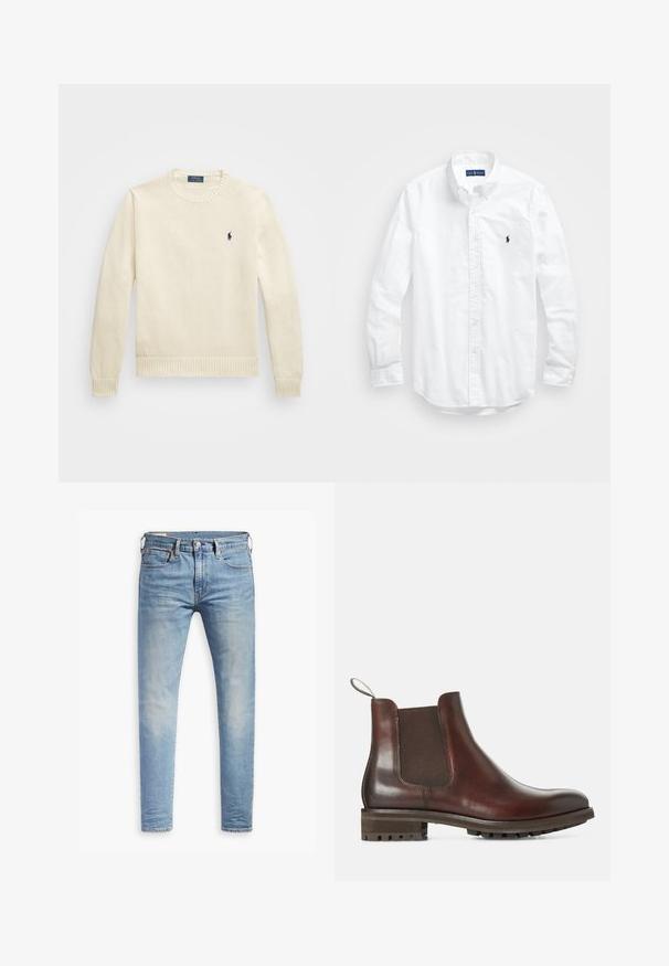 Kremno barvan pleteni pulover s krojnim ovratnikom, rebrastim robom in zapestji, z majhnim mornarsko modrim logotipom na levem prsnem delu.; Bela dolg rokav srajca s gumbi iz bombaža. Ima klasičen ovratnik, gumbnice na zapestjih in majhen temno moder vezen logotip na prsih.; Črna oversize majica s短kimi rokavi z temno sivo napisano besedo "ALLSAINTS" čez prsi in "LONDON" v manjših črkah spodaj.; Svetlo modri oprijeti džins s blagim bledenjem na stegnenicah, sprednji gumbasti zapenjač, zanke za pas in pet žepov na belem ozadju.; Rjave usnjene Chelsea škornje z elastičnimi stranskimi paneli, zanko za obuvanje in teksturiranim gumijastim podplatom. Gladek finiš z robustnim nizkim petam.