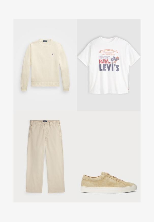 Kremfarget strikkegenser med rund hals, ribbet kant og ermer, med en liten marineblå logo på venstre bryst.; Hvit bomulls t-skjorte med frontgrafikk i rødt og marineblått: "LEVI STRAUSS & CO." og "EXTRA STRENGTH LEVI'S" med en hesteillustrasjon.; Beige bomullschinos med rett ben-design, med knappelukking og to frontlommer. Glatt tekstur og ensfarget.; Beige mockaskinn sneakers med lav profil, rund tå, og beige lisser. Har en hvit gummisåle og diskret merking på siden.