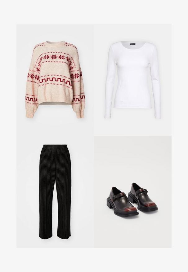 Helebeež värvi sviiter punaste lumekristallide ja geomeetriliste mustritega, lõdva lõikega, pikkade varrukatega, ümar kaelus ning soonikkoes äärised ja varrukaotsad.; Valge soonikuline pikkade varrukatega pluus ümmarguse kaelusega. Valmistatud venivast kangast, mis kehale siledalt ümber läheb. Omab peeneid horisontaalseid jooni.; Mustad, laiad püksid valgete vertikaalsete triipudega, millel on mugav elastne vöökoht ja sile, pehme tekstuur.; Nahkased blokeeritud kontsaga kingad, millel on läikiv tume burgundi värv, koos pannalalusega ja ümarate sõrmedega disainiga. Struktuurne välistald haarde jaoks.