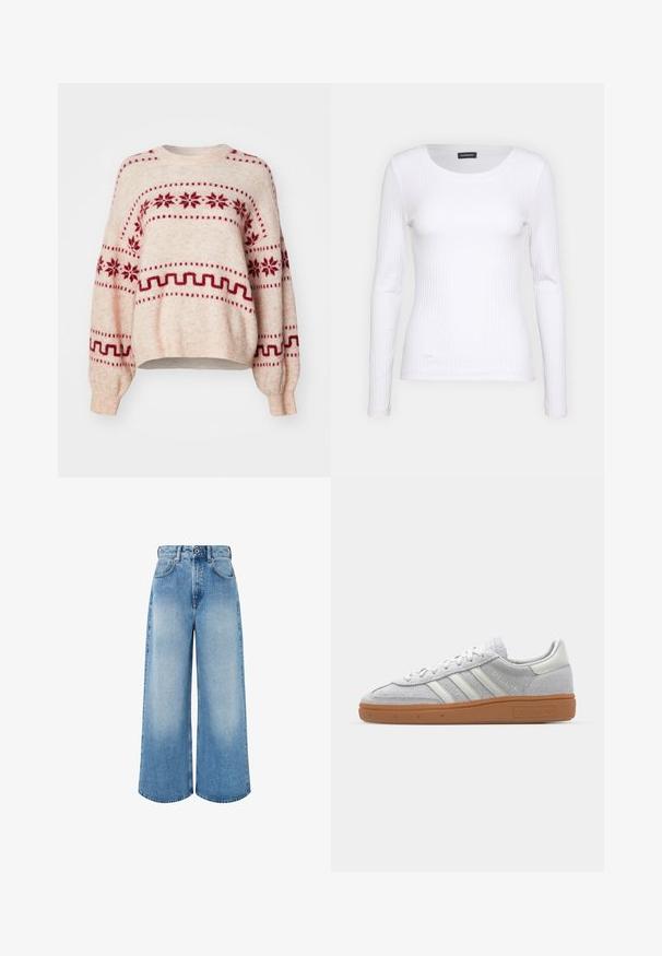 Helebeež värvi sviiter punaste lumekristallide ja geomeetriliste mustritega, lõdva lõikega, pikkade varrukatega, ümar kaelus ning soonikkoes äärised ja varrukaotsad.; Valge soonikuline pikkade varrukatega pluus ümmarguse kaelusega. Valmistatud venivast kangast, mis kehale siledalt ümber läheb. Omab peeneid horisontaalseid jooni.; Heledad hall sinine jeanid, millel on kõrge vöökoht, nööpkinne, kerge kulumine ja puhtad äärised.; Heledad hallhall kreemikas nähtav dress särk valgete nahka elementidega, kolm valget triipu ja pruun kummikreen, millel on mugavuse tagamiseks pehmendusega kaelus.