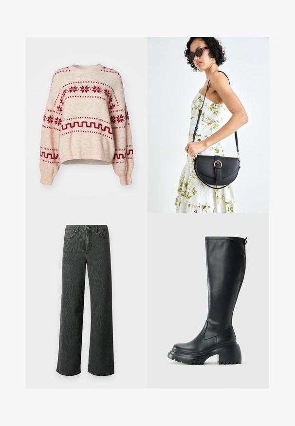 Suéter bege claro com padrões de flocos de neve vermelhos e geométricos, de ajuste solto, mangas longas, decote redondo e acabamento canelado nas barras e punhos.; Calças de perna larga em denim cinza escuro, apresentando uma textura sutil de padrão zebra, costura em contraste e um design de cinco bolsos com fecho de botão.; Bota preta de couro alta com sola de plataforma robusta e salto bloco, apresentando puxador e padrão texturizado na sola.; Bolsa de couro preta com forma curva, alça destacável e detalhes em dourado. A bolsa possui uma aba com detalhe de fivela.