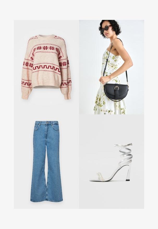 Valkoinen beige villapaita, jossa on punaisia lumihiutaleita ja geometrisia kuvioita, rento istuvuus, pitkät hihat, pyöreä kaula-aukko sekä resorit helmassa ja hihoissa.; Vaaleansiniset leveälahkeiset farkut, joissa on korkea vyötärö, viisi taskua ja yksi napin sulkeminen. Pehmeä pinta, jossa on haalistunut viimeistely.; Hopea korkeakorkoinen sandaali, jossa on kiiltävä remmimuotoilu, helmiäisen kaltainen korostus ja kieputettu nilkkaremmi turvallista istuvuutta varten.; Musta nahkainen käsilaukku, joka on kaareva muotoilultaan, irrotettavalla hihnalla ja kultaisilla yksityiskohdilla. Laukussa on läppä, jossa on solk yksityiskohta.