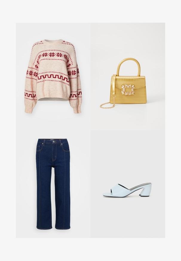 Maglione beige chiaro con motivi a fiocchi di neve rossi e geometrici, vestibilità ampia, maniche lunghe, scollatura rotonda e orlo e polsini a coste.; Jeans dritti blu scuro con chiusura a bottoni, tasche anteriori e posteriori e cuciture arancioni visibili lungo le cuciture.; Mule aperte di colore blu chiaro con punta aperta e design geometrico, dotate di una fascia larga che attraversa il piede e di un tacco spesso e angolare.; Borsa finta coccodrillo gialla con design strutturato, manico superiore, tracolla a catena removibile e abbellimenti in cristallo decorativi sulla chiusura.