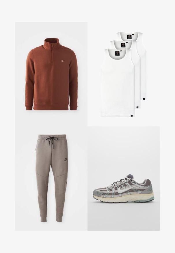 Brūns fleeces pulkstenis ar augstu apkakli un ceturtdaļas rāvējslēdzēju. Tam ir neliela logo kreisajā krūšu pusē, kā arī ribota piedurkne un apakšmala.; Trīs baltas ribotas krūšturi, kas izgatavoti no kokvilnas. Iezīmēti ar apaļu kakla izgriezumu un maziem melniem etiķetēm tuvu apakšmalai. Pieejami vairākos izmēros.; Pelēki Nike sporta bikses ar aukliņu viduklī, sašaurinātiem galiem, sānu kabatām un izteiktām šuvēm. Mīksta, teksturēta auduma.; Pelēkie sporta apavi ar tīkla un zamša augšdaļu, baltiem akcentiem, mīkstinātu zoli un izcilu dizainu ar atstarotājiem.