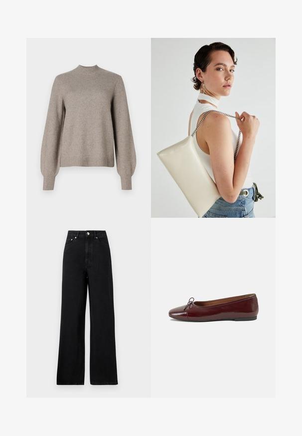 Bež pletena majica s rebrastim visokim ovratnikom, dugim puf rukavima te rebrastim manžetama i rubom na bež podlozi.; Črne kavbojke visoke pasu s širokim krojem, ki imajo pet žepov in srebrne kovinske dodatke. Splošna gladka tekstura.; Burgundska patenti usnjeni baletni čevlji z zaobljenim prstom, majhnim lokom na sprednji strani in nizkim črnim gumijastim podplatom. Gladka tekstura.; Bela pravokotna torbica za ključe iz sijajnega materiala, opremljena s srebrno verižico. Model pozira in prikazuje torbico na enobarvni podlagi.