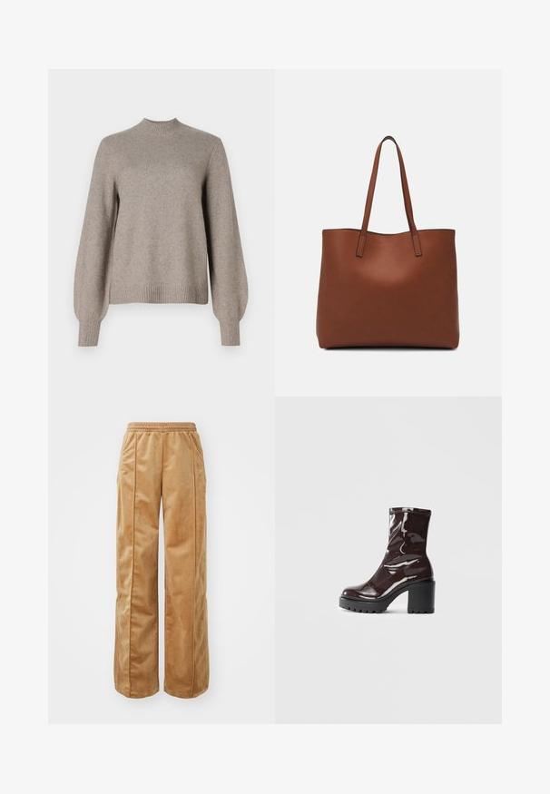 Bež kerge kampsun ribatud kõrge kaelusega, pikkade puhvse varrukatega, ribatud mansettide ja hemiga valge tausta peal.; Kerged jalad pant, mis on valmistatud pehmest ja sametisest materjalist. Sisaldab elastset vööd ja vertikaalseid õmblusi esiküljel, lisades detaili.; Klakav läikiv burgundi värvi pahkluu saabas, millel on paks must konts, sile tekstuur ja lihtne disain. Nähtavad kinnitused või mustrid puuduvad.; Pruun nahast tote-kott, millel on sile tekstuur, avatud ülaosa disain ja kaks õlarihma. Omab minimaalset õmblust ja nähtavat riistvara ei ole.