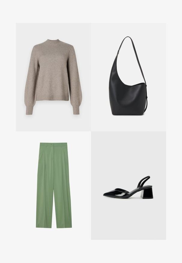 Sweater de malha bege com gola mock ribbed, mangas bufantes longas e punhos e barra ribbed sobre um fundo branco.; Calças largas verdes feitas de tecido suave. Apresentam pregas na frente, um fecho de botão único e passantes para cinto.; Sandy em verniz preto com salto slingback, ponta afilada e salto geométrico. Apresenta um design elegante e minimalista com textura suave.; Saco hobo preto em pele com uma textura lisa, forma curva e uma única alça ajustável; apresenta uma abertura larga na parte de cima.