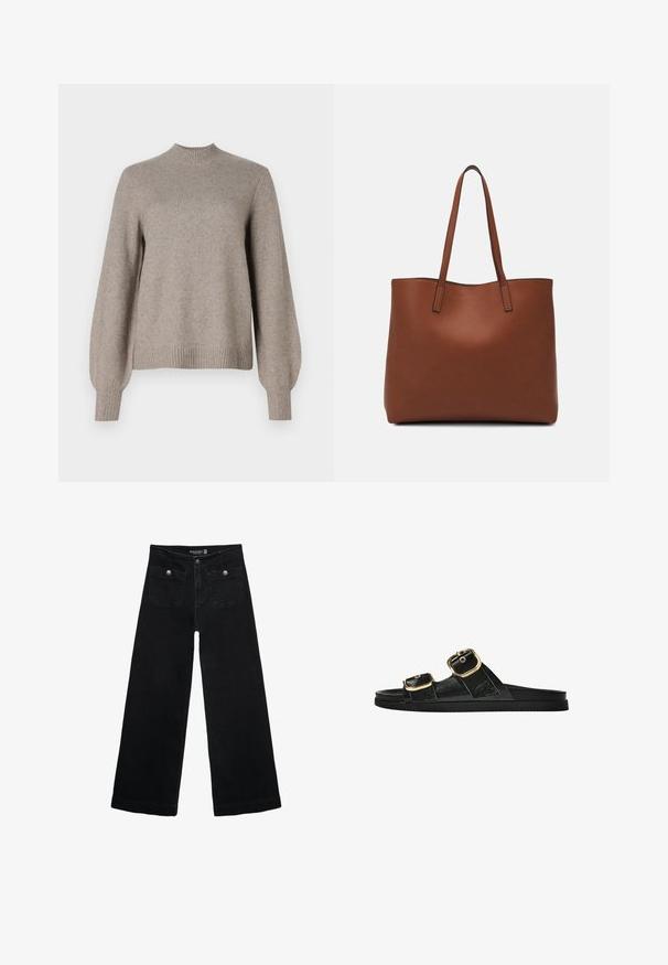 Béžový pletený svetr s žebrovaným límcem, dlouhými nafouklými rukávy a žebrovanými manžetami a spodním lemem na bílém pozadí.; Černé široké džíny s vysokým pasem, obsahující dvě přední kapsy a kovové knoflíkové detaily. Látka má hladkou texturu.; Černé kluzné sandály s dvěma zlatými sponami, hladkým texturovaným materiálem, plochou podrážkou a minimalistickým designem.; Hnědá kožená taška přes rameno s hladkou texturou, otevřeným designem a dvěma ramenními popruhy. Obsahuje minimální švy a žádné viditelné kovové prvky.
