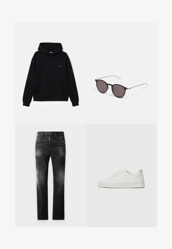 Hanorac negru din material moale, cu un buzunar frontal, glugă cu șnur și un logo brodat subtil pe piept. Design clasic de tip pulover.; Jeans din denim negru cu o croială dreaptă. Au zone decolorate, ușoare uzuri, design clasic cu cinci buzunare și închidere cu buton.; Sneakers din piele albă cu un finisaj neted, vârf rotund, șireturi plate și o talpă texturată. Prezintă un logo subtil pe călcâi.; Ochelari de soare negri rotunzi cu lentile întunecate și brațe metalice subțiri. Include vârfuri transparente pentru brate și accente argintii la balama. Design minimalist.