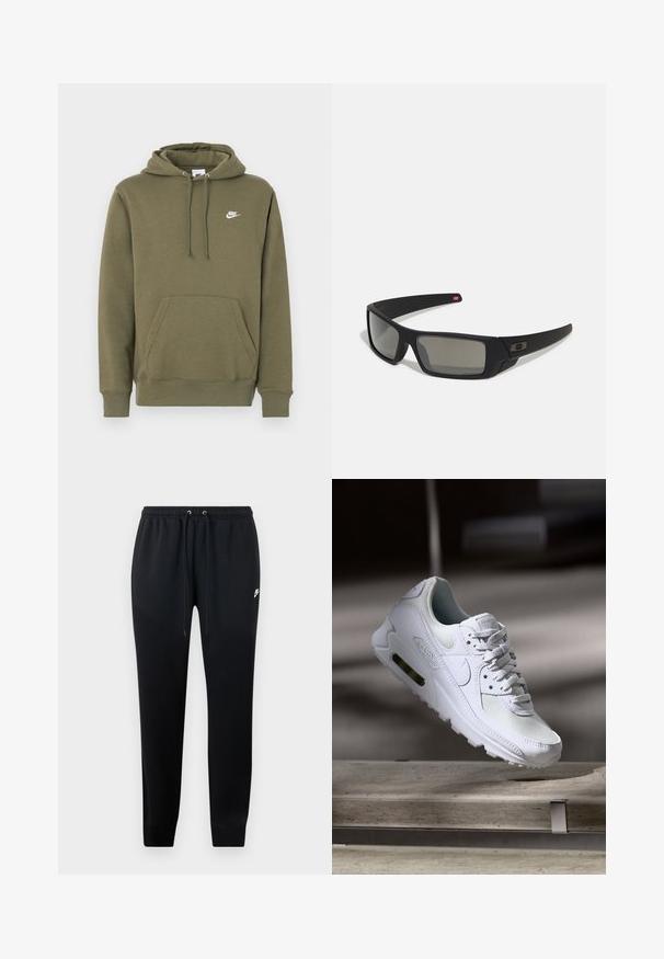 Camisola com capuz verde-oliva, com bolso frontal, capuz ajustável com cordão e logótipo branco da Nike no lado esquerdo do peito. Tecido macio, punhos canelados.; Calças de moletom pretas feitas de um tecido macio, com uma cintura elástica e cordões, punhos nas pernas e um pequeno detalhe do logo de lado.; Sapatilha Nike Air Max 90 branca com parte superior em malha e couro, caixa de dedos perfurada e uma unidade de ar visível no calcanhar.; Óculos de sol pretos com acabamento mate, lentes retangulares, leve curvatura nas hastes, detalhe sutil do logo e lentes de cor fumada.