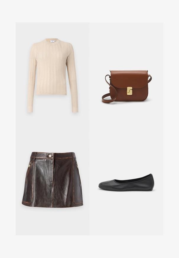 Beige knitted sweater featuring long sleeves, a round neckline, and a textured ribbed pattern throughout. Soft, lightweight fabric.; Brown leather mini skirt featuring a sleek design, two zippered side pockets, and contrasting stitching along the edges.; Black leather ballet flat with a rounded toe, smooth texture, minimal stitching detail, and a flexible sole design.; Brown leather handbag with a flap closure, gold-tone hardware, a shoulder strap, and a smooth texture. Compact rectangular shape.