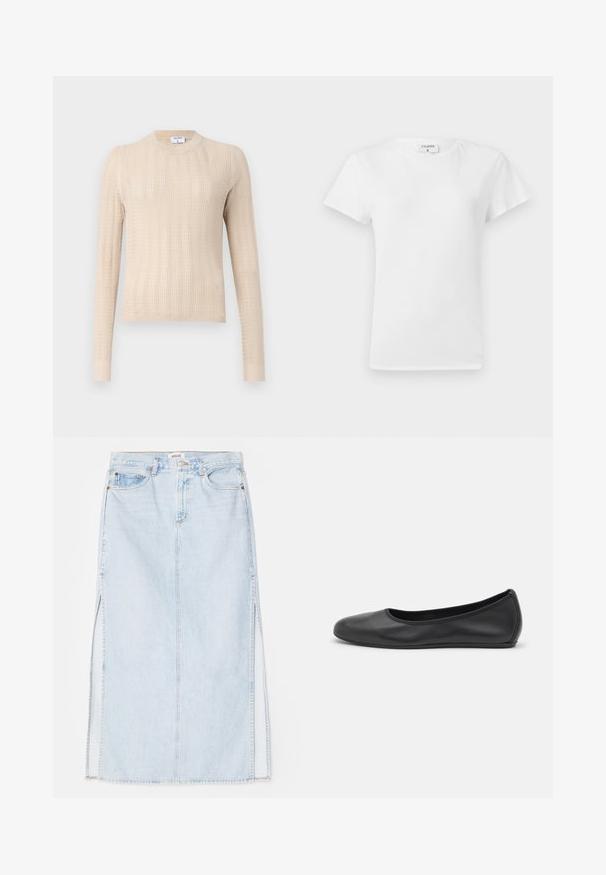 Beige knitted sweater featuring long sleeves, a round neckline, and a textured ribbed pattern throughout. Soft, lightweight fabric.; White cotton t-shirt with a crew neckline and short sleeves, featuring a relaxed fit and minimalistic design. Tag visible at the neck.; Light blue denim maxi skirt with a straight cut, featuring side slits and five-pocket design. Prominent stitching and metal button closure.; Black leather ballet flat with a rounded toe, smooth texture, minimal stitching detail, and a flexible sole design.
