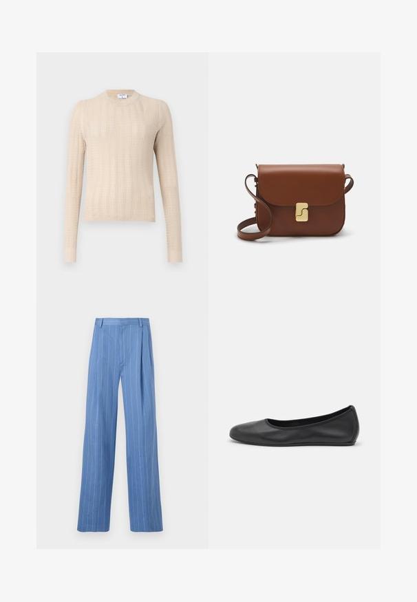 Pulover tricotat bej cu mâneci lungi, gât rotund și un model texturat cu dungi pe întreaga suprafață. Material moale și ușor.; Tricou alb cu mânecă scurtă, confectionat dintr-un material texturat. Gât rotund, tăietură regulară și detalii subtile de cusătură. Fără modele sau grafice.; Pantaloni largi de culoare bleu deschis, cu dungi verticale albe. Confectionați dintr-un material neted, cu pliuri frontale și un design curat al taliei.; Balerini din piele neagră, cu vârf rotund, textură netedă, detalii de cusătură minimale și un design al tălpii flexibil.; Geantă de piele maro cu închidere tip capac, accesorii de culoare aurie, curea de umăr și o textură netedă. Formă compactă și rectangulară.