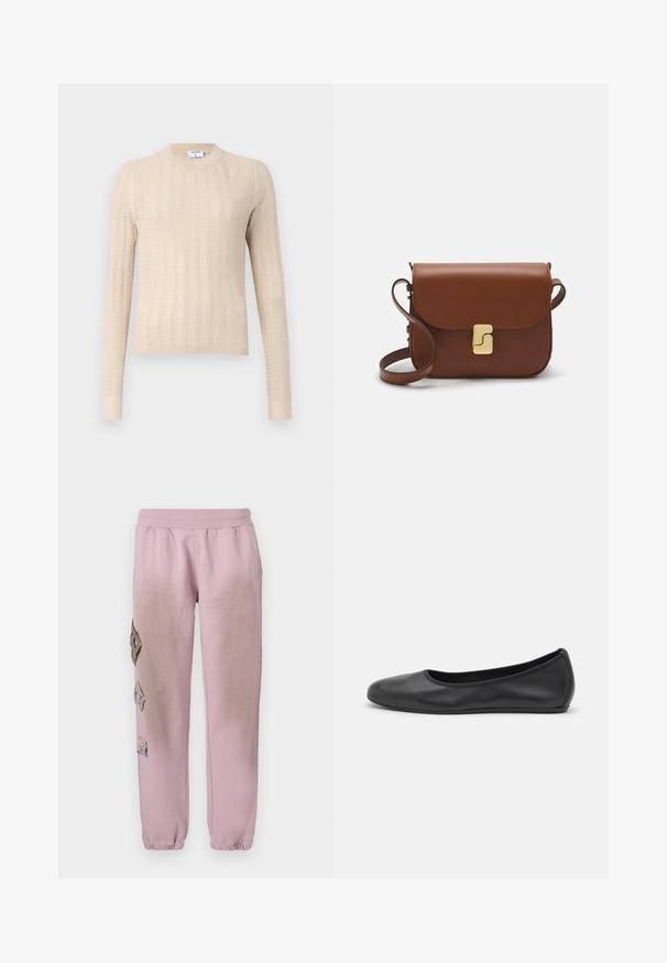 Beidzs adīts džemperis ar garām piedurknēm, apaļu dekoltē un faktūrētu ribotu rakstu visā virsmā. Mīksta, viegla auduma.; Balta īsām piedurknēm T-krekls, izgatavots no ribota auduma. Apaļš izgriezums, regulāra piegriezuma un diskrēti šuvumu detaļas. Bez printiem vai grafikām.; Rozā sporta bikses ar elastīgu jostu, kurām labajā pusē ir dekoratīvi uzliktni dimanta formā un elastīgas apkakles pie potītēm.; Melna ādas baleta kurpe ar noapaļotu purngalu, gludu tekstūru, minimālu šuvju detalizāciju un elastīgu zoles dizainu.; Bordo ādas rokas soma ar atloku, zeltītām detaļām, plecu siksnu un gludu virsmu. Kompakta, taisnstūrveida forma.