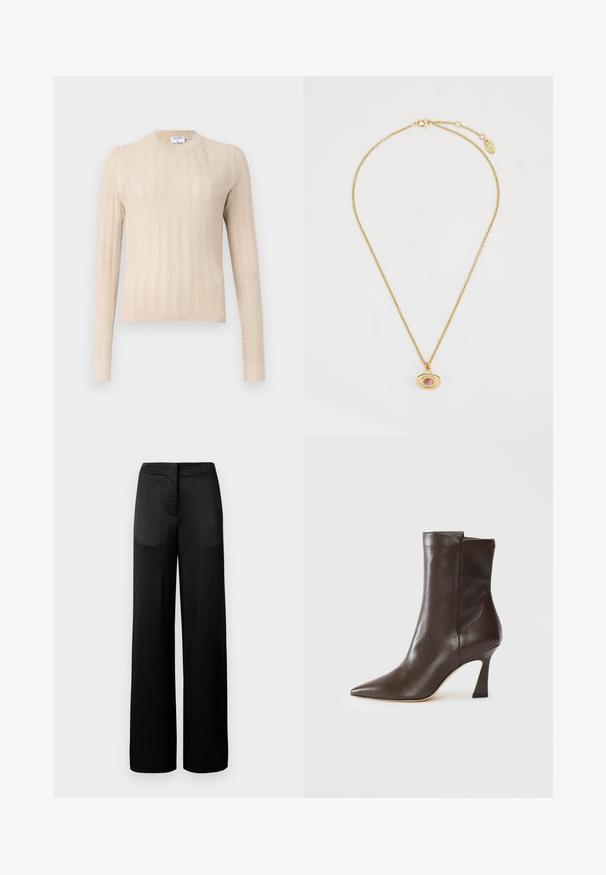 Beige knitted sweater featuring long sleeves, a round neckline, and a textured ribbed pattern throughout. Soft, lightweight fabric.; Wide-leg black trousers with a textured surface, featuring a flat waistband and two side pockets. The fabric appears lightweight and flowing.; Dark brown leather mid-calf boot with pointed toe, curved slim heel, and smooth finish on a white background.; Gold chain necklace featuring a round pendant with a central pink stone, displaying a smooth texture and polished finish.