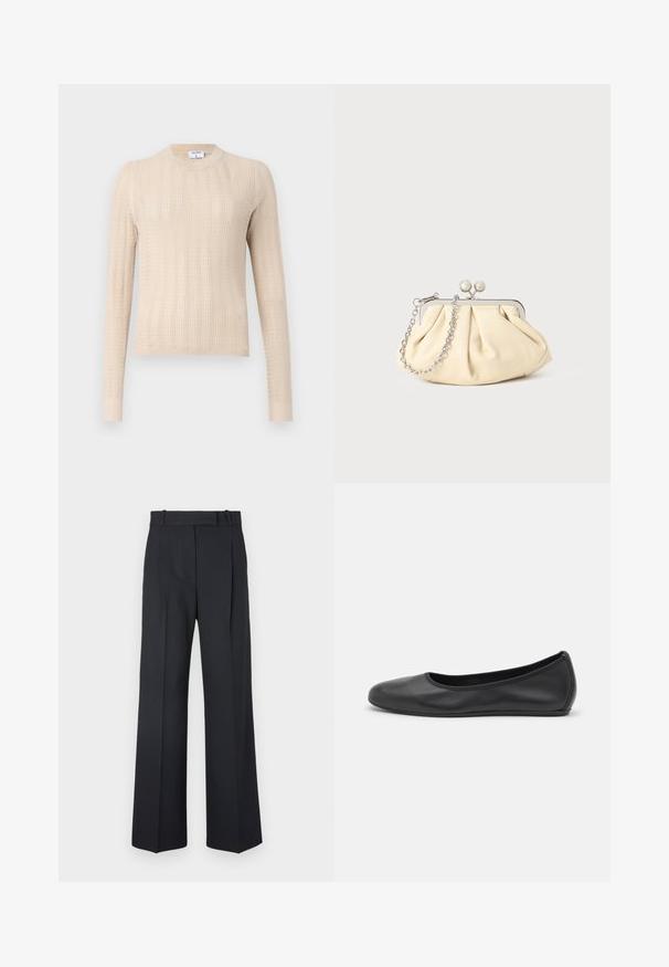 Pull en maille beige avec des manches longues, un col rond et un motif à côtes texturé sur toute la surface. Tissu doux et léger.; Pantalons rayés bleu foncé à taille haute, avec une coupe large et sans matériel ni embellissements visibles. Texture lisse et ajustement ajusté.; Ballerines en cuir noir avec un bout rond, texture lisse, détails de couture minimalistes et design de semelle flexible.; Pochette en cuir beige plissé avec un cadre en métal argenté, dotée de deux fermoirs ronds décoratifs et d'une chaîne en argent.
