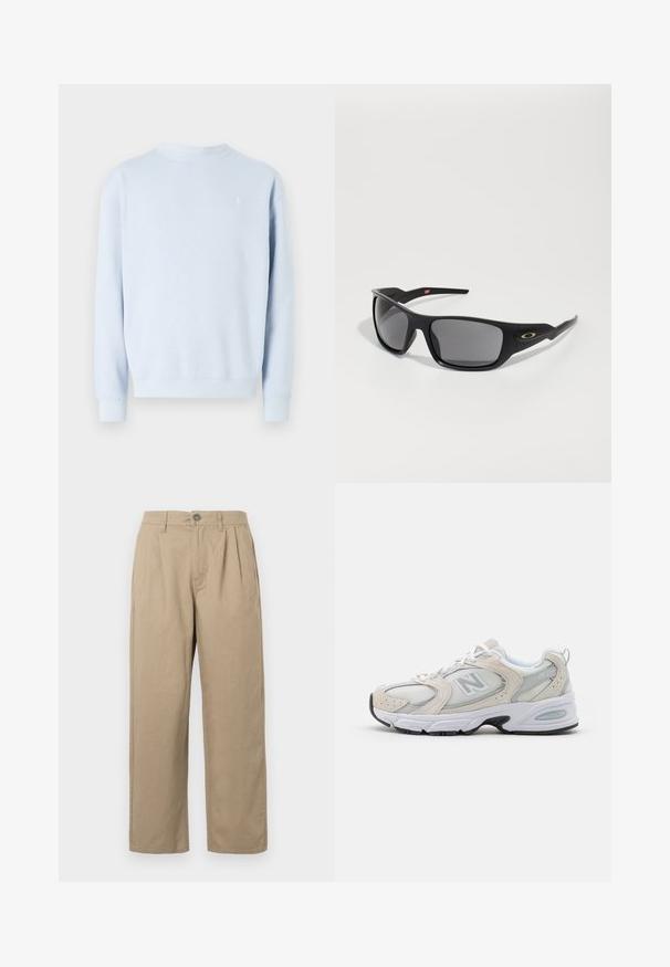 Svetlo modra majica s krožnim izrezom, rebrastimi manšetami in spodnjim robom. Ima majhen, subtilen logotip na prsih. Mehka tekstura.; Bež hlače visoko pasu s ploščami, zanko za pas, zapiranje na gumb in ravne noge na belem ozadju.; Atletski čevlji z lahkotnim sivim mrežastim zgornjim delom in usnjenimi poudarki, belimi vezalkami in črnim gumijastim podplatom. Opazna podrobnost ABZORB blaženja.; Črne sončne očala pravokotne oblike, narejene iz trdne plastike, z sivo toniranimi lečami in zlatim poudarkom ob strani.