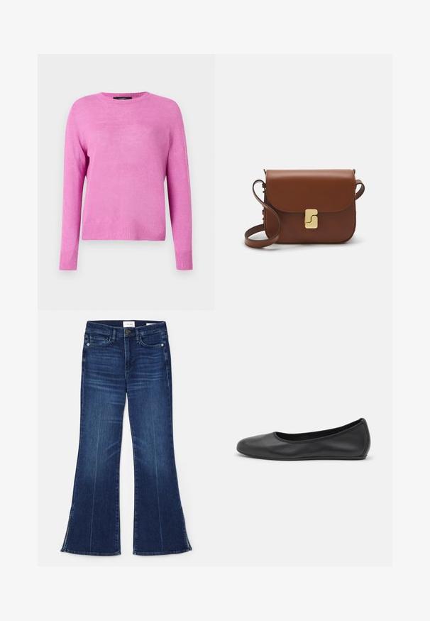 Růžový pletený svetr s dlouhými rukávy, kulatým výstřihem a žebrovaným lemem. Tkanina má hladkou texturu a lehký vzhled.; Tmavě modré zvonové džíny vyrobené z denimu. Mají vysoký pas, přední kapsy a rozparky na lemu. Klasický design s pěti kapsami.; Černé kožené baletní byty s kulatou špičkou, hladkou texturou, minimálními švy a flexibilním designem podrážky.; Hnědá kožená kabelka s klopou, zlatými kovovými detaily, ramenním popruhem a hladkým povrchem. Kompaktní obdélníkový tvar.