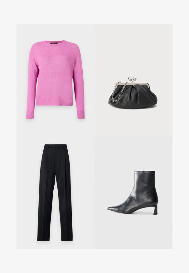 Rosa, gestrickter Pullover mit langen Ärmeln, rundem Ausschnitt und geripptem Saum. Der Stoff hat eine glatte Textur und wirkt leicht.; Schwarze Hosen aus glattem Stoff mit hoher Taille, weitem Bein, vorderen Falten und klassischen Gürtelschlaufen. Keine sichtbaren Seitentaschen.; Schwarze Lederstiefelette mit spitzer Zehe und schlankem Design. Verfügt über einen niedrigen Absatz und einen Reißverschluss hinten. Glatte Textur.; Schwarze Leder-Clutch mit geraffter Textur, silberfarbener Metallrahmen, Druckverschluss und Kettenriemen. Glatte, weiche Oberfläche.