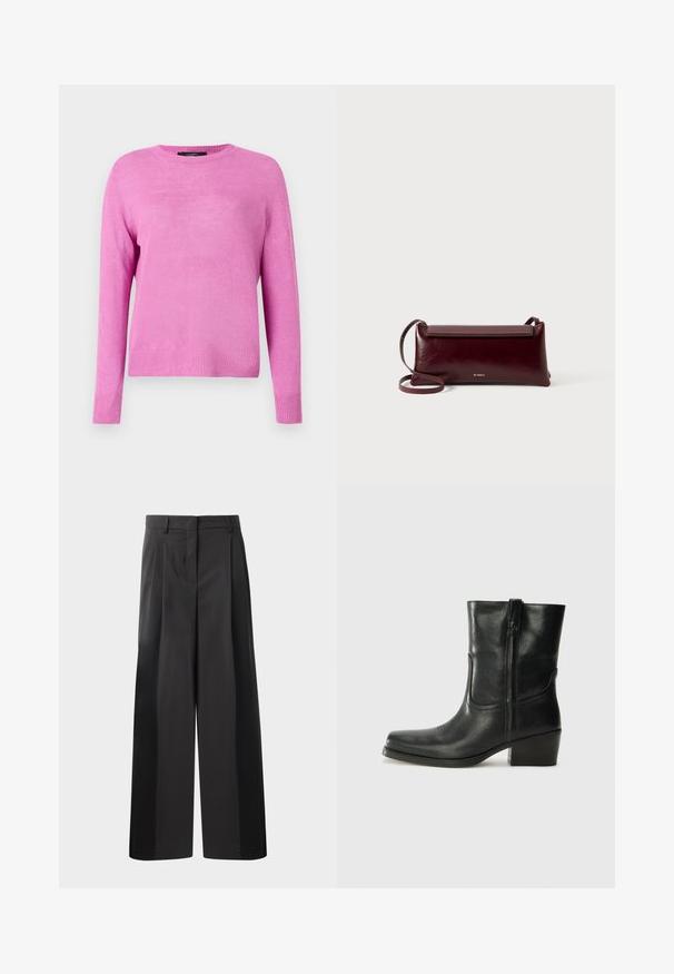 Roosa kudumiga sviiter pikkade varrukatega, ümar kaelus ja soonikkoes ääris. Kangas on sileda tekstuuriga ja kergelt välimusega.; Mustad laiad püksid kõrge vöökohaga, millel on ees voldid, sile tekstuur ja õmmeldud viimistlus. Kujundatud lõdva istuvuse saavutamiseks.; Musta nahast pahkluu saabas ümarate varvastega, plokknäppu, külgsepa ja pealsetel õmblusest aktsentidega. Sile tekstuur, klassikaline disain.; Burgundia nahast õlakott, millel on sile tekstuur, ristkülikukujuline kuju, klappkinnitus ja õhuke reguleeritav rihm. Nähtav kuldne logo detail.