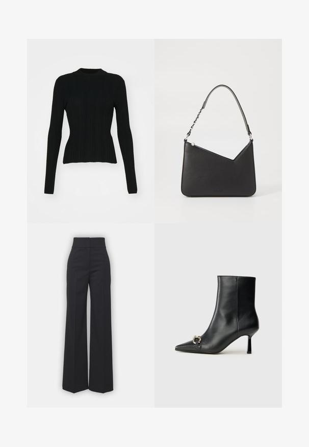 Schwarzer gerippter Pullover mit langen Ärmeln, hohem Kragen und taillierter Silhouette. Das Material scheint dehnbar und hat vertikale Streifen. Kürzere Schnittführung am Saum.; Weite Hosen aus schwarzem Stoff mit hohem Bund, die eine saubere Verarbeitung und glatte Textur aufweisen. Keine sichtbaren Beschläge oder Muster.; Schwarze Leder-Stiefelette mit spitzer Zehe, schlankem, mittelhohem Absatz und silberner Schnalle seitlich vor einem schlichten Hintergrund.; Schwarze Lederhandtasche in dreieckiger Form, mit schmalem Tragegurt und silbernem Zubehör. Sie verfügt über einen Reißverschluss und ein geprägtes Logo auf der Vorderseite.