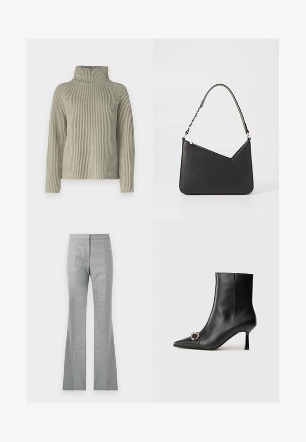 Lys grønn ribbestrikket høyhalset genser med lange ermer og løs passform. Teksturen er chunky strikk, med høy krage for ekstra varme.; Grå store bukser med vertikale sømmer, laget av et mykt, strukturert stoff. Har en tettsittende midje og en glatt overflate.; Sorte lær ankle boot med spiss tå, slank mid-høyde hæl og sølvspenne på siden mot en enkel bakgrunn.; Svart lærveske med trekantet form, en slank stropp og sølvfarget detaljer. Har glidelåslukking og preget logo på forsiden.