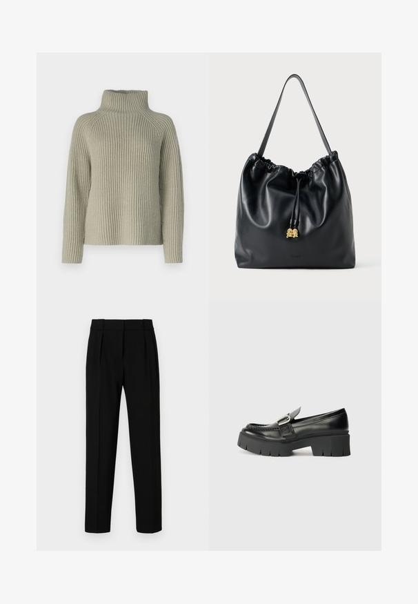 Hellgrüner, gerippter Rollkragenpullover mit langen Ärmeln und lockerer Passform. Die Struktur ist aus grobem Strick und bietet einen hohen Kragen für zusätzliche Wärme.; Schwarze, maßgeschneiderte Hose mit geradem Schnitt, gefaltetem vorderen Teil, glänzender Oberfläche und mittelhohem Bund. Keine sichtbaren Taschen oder Hardware-Details.; Schwarze Leder-Lederschuhe mit dicker Gummisohle. Merkmale einen Schnallenakzent und gestickte Details entlang des Obermaterials. Flacher Absatz.; Schwarze Lederzugtasche mit glatter Oberfläche, gerafftem oberen Teil und dezenten goldenen Hardware. Sie verfügt über einen stabilen Schulterriemen und ein geprägtetes Logo.