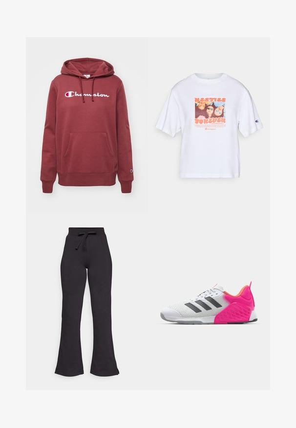 Hanorac într-o nuanță de bordo, cu buzunar frontal, glugă cu șnur și logo-ul "Champion" brodat în alb pe piept. Material moale, texturat.; Tricou alb cu mânecă scurtă, prezentând o grafică foto colorată pe care este inscripționat textul "BESTIES FOREVER", iar pe mânecă se află logo-ul Champion.; Pantaloni de trening negri, cu croi evazat, confecționați dintr-un material moale, având un elastic cu șnur la talie și o textură netedă. Proiectați pentru confort și ușurință în purtare.; Adidaș alb cu dungi gri, superior din plasă și toc și accente roz. Are toc texturat și talpă din cauciuc. Șireturile și gulerul căptușit.