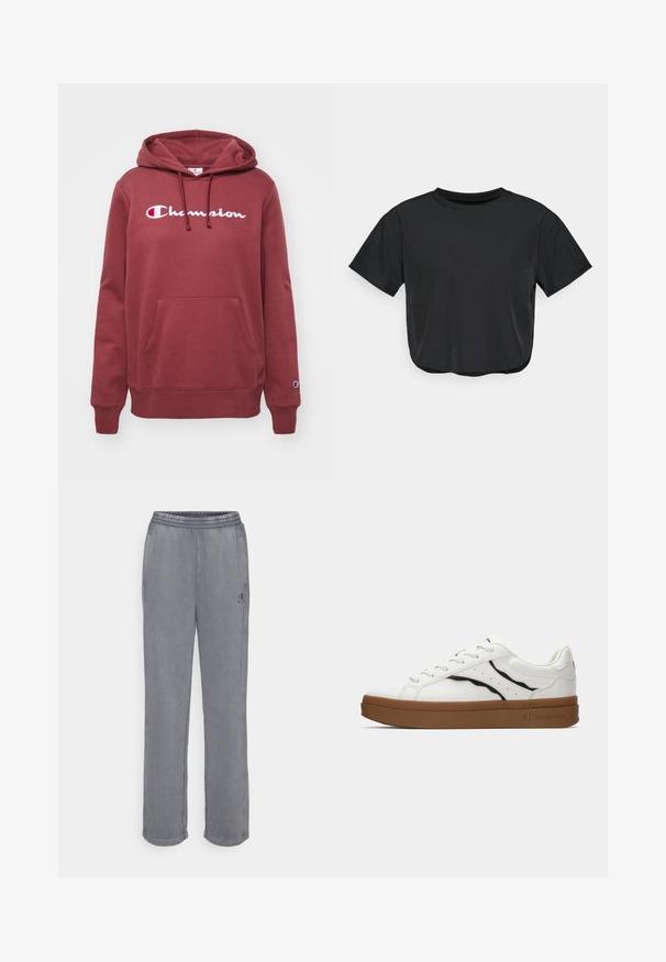 Maroon hoodie with a front pocket, drawstring hood, and "Champion" logo embroidered in white across the chest. Soft, textured fabric.; Black cropped t-shirt made of soft material, featuring a round neckline, short sleeves, and a relaxed fit. Subtle stitching details.; Gray sweatpants with an elastic waistband, side pockets, and a logo. Smooth fabric, straight-leg design, and minimal stitching details.; White sneakers with a smooth leather upper, black accents, round toe, and rubber brown outsole. Features perforated side detailing and logo.