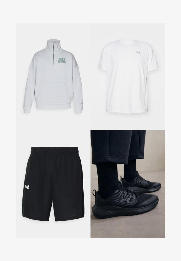 Pulover gri deschis cu fermoar, guler înalt, croială lejeră, buzunar frontal și logo-ul "Under Armour" în verde pe partea stângă a pieptului.; Camică sport cu mânecă scurtă, de culoare albă, fabricată dintr-un material neted. Dispune de un guler tip crew și un logo gri pe pieptul stâng, cu slituri laterale la tiv.; Șorturi atletice negre, dintr-un material ușor, cu un tiv elastic și un logo alb pe partea stângă.; Persoană purtând adidași sport negri cu laturi texturate și logo, asortați cu șosete negre și pantaloni scurți, pe un podea deschisă.