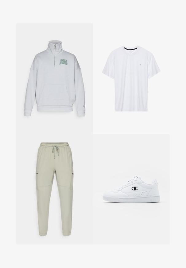 Šviesiai pilka užtrauktuku užsegama džemperis su aukštu apykakliu, laisvas, su priekine kišene ir žaliu "Under Armour" logotipu kairėje krūtinės pusėje.; Balta apvalios kaklo marškinėliai, pagaminti iš medvilnės, su trumpomis rankovėmis ir mažuoju logotipu, išsiuvinėtu kairėje krūtinės pusėje. Minkštas audinys.; Šviesiai žali jogger tipo kelnes, pagamintas iš lengvos medžiagos, su elastine juosmele, raišteliu ir dviem šoninėmis kišenėmis.; Baltos sportinės kedai su lygiu sintetinės medžiagos viršumi, juodu logotipo akcentu ir perforuotomis detalėmis šonuose. Gumos padas.