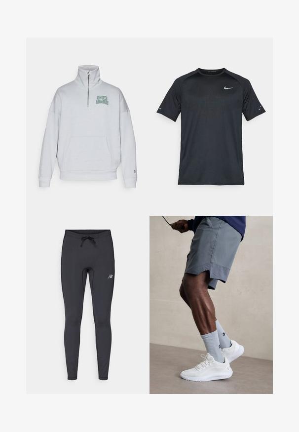 Svijetlosiva zip majica s visokim ovratom, slobodnog kroja, prednim džepom, i "Under Armour" logotipom u zelenoj boji na lijevoj strani prsnog područja.; Crna Nike sportska majica s kratkim rukavima, okruglim ovratnikom, teksturiranim materijalom i reflektirajućim logotipom na gornjem lijevom dijelu grudi.; Crne atletske tajice izrađene od rastezljivog materijala. Imaju pojas s povlačenjem i mali reflektivni logo na prednjem desnom bedru.; Bijele sportske tenisice s teksturiranim mrežastim gornjim dijelom, uparene s svijetlo plavim rebrastim čarapama s logotipom. Sive sportske šortse s perforiranim rubom.