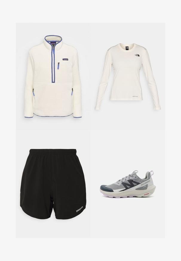 Fleece pullover in white, featuring a half-zip front, blue zip accents, chest pocket, and side pockets. Smooth texture, high collar.; The North Face SHADOW LONG SLEEVE - Long sleeved top - white dune; Black athletic shorts with an elastic waistband, featuring a curved hem, side pockets, and a small white "Patagonia" logo on the lower right.; Salomon running shoe in gray and navy features a breathable mesh upper, rubber toe cap, and textured sole with lavender accents.