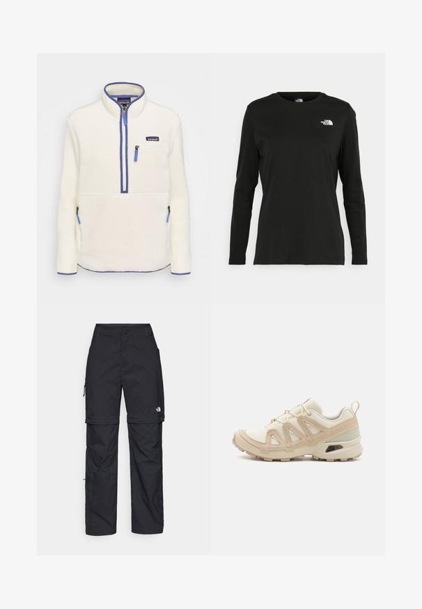 Polarowy sweter w kolorze białym, z półwiązanym z przodu zamkiem, niebieskimi akcentami zamka, kieszenią na piersiach i kieszeniami bocznymi. Gładka tekstura, wysoki kołnierz.; Czarna koszulka z długim rękawem z bawełny z okrągłym dekoltem. Posiada niewielkie białe logo po lewej stronie na piersi. Prosty design i fason.; Czarne nylonowe spodnie cargo z odpinanymi nogawkami, regulowanymi mankietami, wieloma kieszeniami oraz logo na prawej nogawce. Gładka, lekka tekstura.; Beżowe i kremowe buty sportowe z teksturowanej siateczki, wspierającymi nakładkami oraz gumową podeszwą z wzorem bieżnika zapewniającym przyczepność.