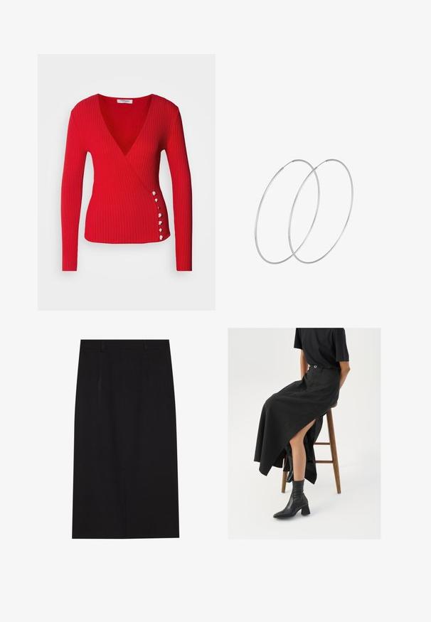 Morgan Svetr - rouge; Černá sukně kolenových délky ve střihu tužky z hladkého materiálu. Vyznačuje se jednoduchým designem se dvěma předními švy a skrytým zipem na zadní straně.; Černá maxi sukně z lnu s vysokým rozparkem, nošená s černým tričkem a černými kotníkovými botami. Minimalistický design s volným střihem.; Stříbrné kruhové náušnice s minimalistickým designem. Kruh, hladký povrch a tenký profil. Lehká konstrukce s lesklým povrchem.