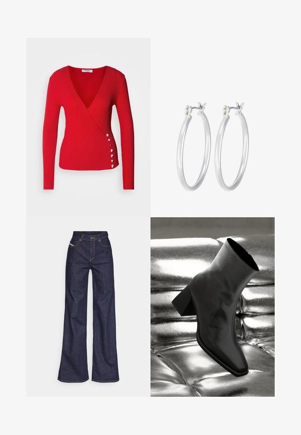 Morgan Džemper - rouge; Tumedates sinised laiad teksad denimpesus, kõrge vöökohaga, mis on varustatud oranžide õmblustega, viie-taskulise disaini ja nööbiga kinnitusega.; Must musta narmand, läikiva materjali ja ruudukujulise varbaga ning kitseneva kontsaga, paigutatud läikiva hõbedaselt tuftitud tausta ette.; Hõbedased rõngaskõrvarõngad, millel on sile, läikiv viimistlus. Ümmargune kuju ja turvaline klõpsulatus. Kerge disain, sobib igapäevaseks kandmiseks.