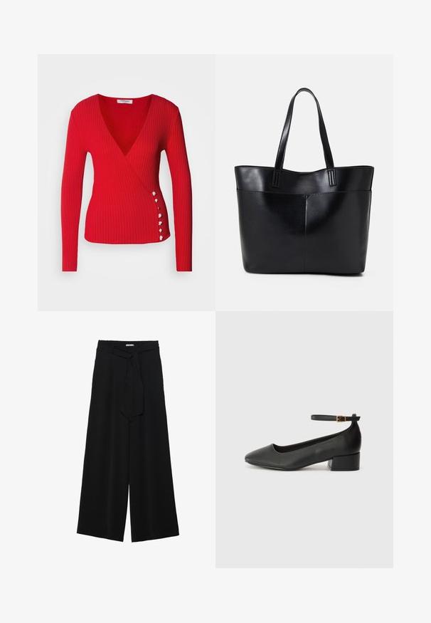 Morgan Jumper - rouge; Black wide-leg pants featuring a textured fabric, an elastic waistband, and a detachable sash tie at the waist for adjustable fit.; Black leather pump with a pointed toe and a low block heel. Features an ankle strap with a gold-tone buckle. Smooth texture.; Black leather tote bag with two long handles, a smooth texture, and a structured shape. Features a front pocket for additional storage.