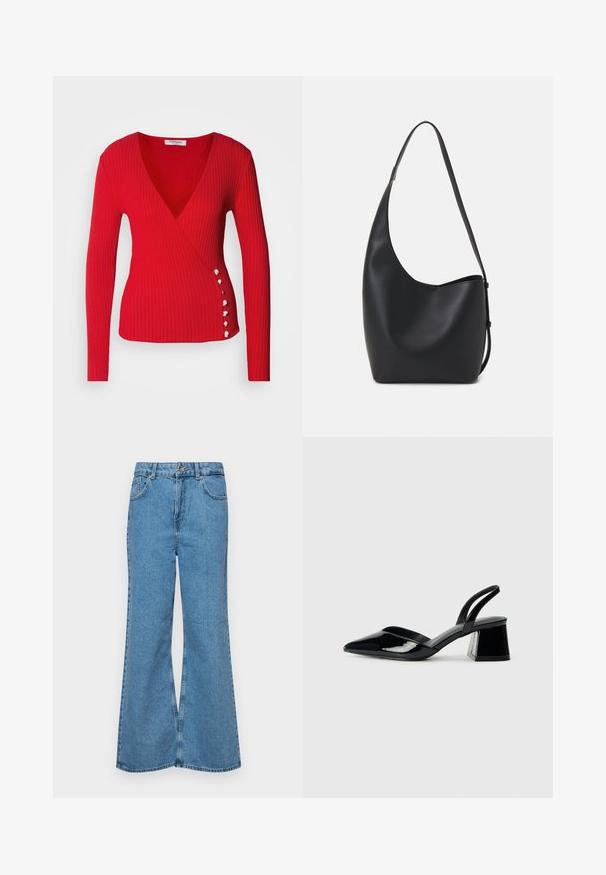 Morgan Strikkegenser - rouge; Lyseblå vide jeans laget av denim, med høyt liv, fem lommer og en enkelt knappelukking. Myk tekstur med falmet finish.; Svarte patentlær slingback hæler med spiss tå og geometrisk blokk hæl. Har et stilrent, minimalistisk design og jevn tekstur.; Svart lær hobo-veske med glatt tekstur, buet form og enkelt justerbart stropp; har en bred åpning på toppen.