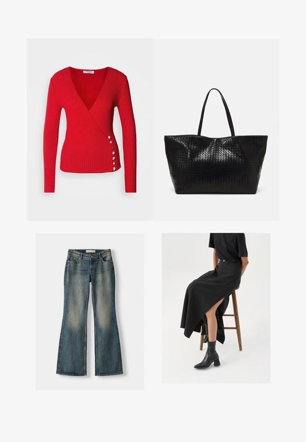 Morgan Pulover - rouge; Jeans evazați albaștri cu o spălare decolorată, cinci buzunare și închidere cu nasture. Materialul arată o textură de denim cu detalii de cusătură subtile.; Fustă maxi din in negru cu o fanta înaltă, purtată cu un tricou negru și cizmulițe negre până la gleznă. Design minimalistic cu o croială lejeră.; Geantă de umăr țesută neagră, cu două mânere rezistente, având o textură lucioasă și un design deschis, spațios la partea superioară.