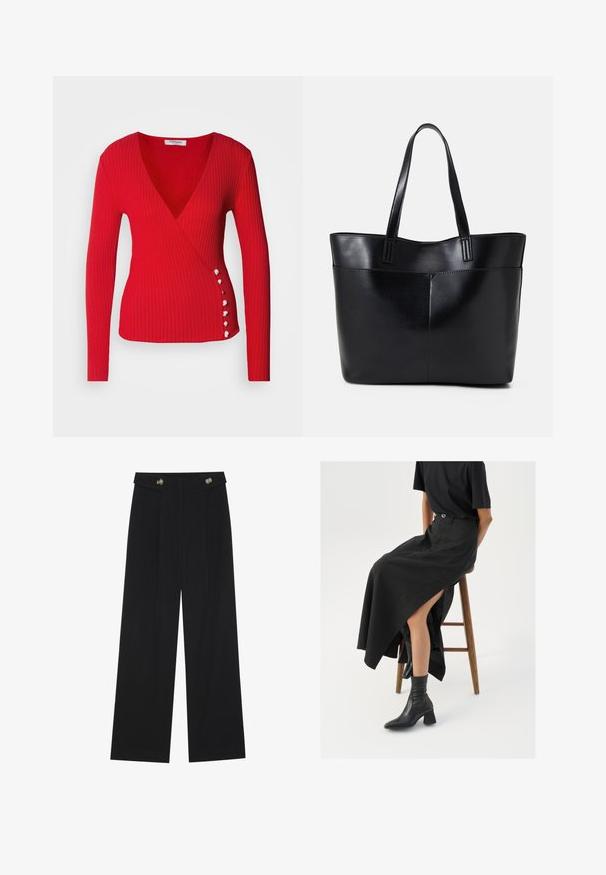 Morgan Maglione - rouge; Pantaloni neri a gamba larga con vita alta, dettagli con bottoni in vita e pieghe frontali.; Gonna maxi in lino nera con uno spacco alto, indossata con una t-shirt nera e stivaletti neri. Design minimalista con una vestibilità rilassata.; Borsa a tracolla in pelle nera con due manici lunghi, una texture liscia e una forma strutturata. Presenta una tasca frontale per ulteriore spazio di archiviazione.