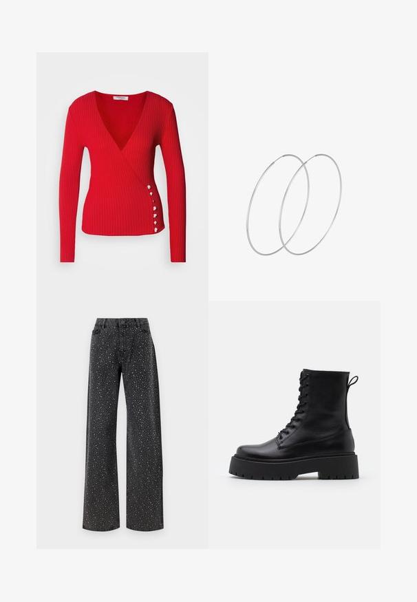 Morgan Strickpullover - rouge; Noisy May NMJANNEL LOOSE - Jeans Relaxed Fit - black denim; Schwarze Lederstiefeletten mit runder Zehenpartie, Schnürung vorne und einer dicken Gummisohle mit strukturiertem Profil. Mit Zugschlaufe an der Rückseite.; Silberne Creolen mit minimalistischem Design. Rundform, glatte Oberfläche und dünnes Profil. Leichtgewichtig mit hochglänzender Oberfläche.
