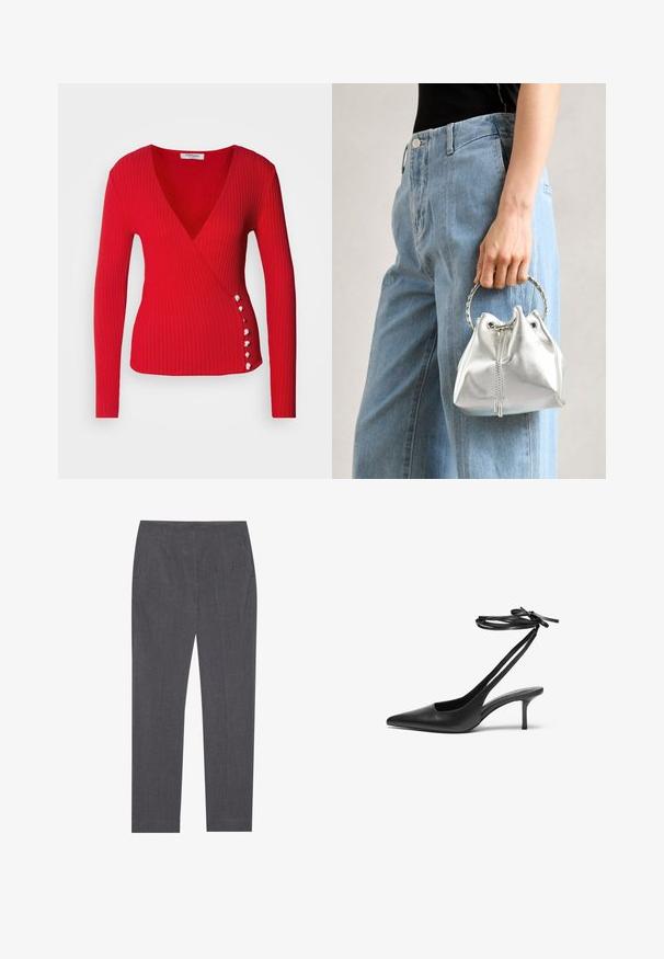 Morgan Jumper - rouge; Grey tailored trousers made of a textured fabric, featuring side pockets and a straight leg design with a smooth waistband.; Black leather stiletto shoe with a pointed toe, open back, and ankle straps tied in a bow. Slim 3-inch heel. Smooth texture, minimalist design.; Metallic silver bucket bag with a textured finish, adorned with a silver round handle and drawstring closure, held against light blue jeans.