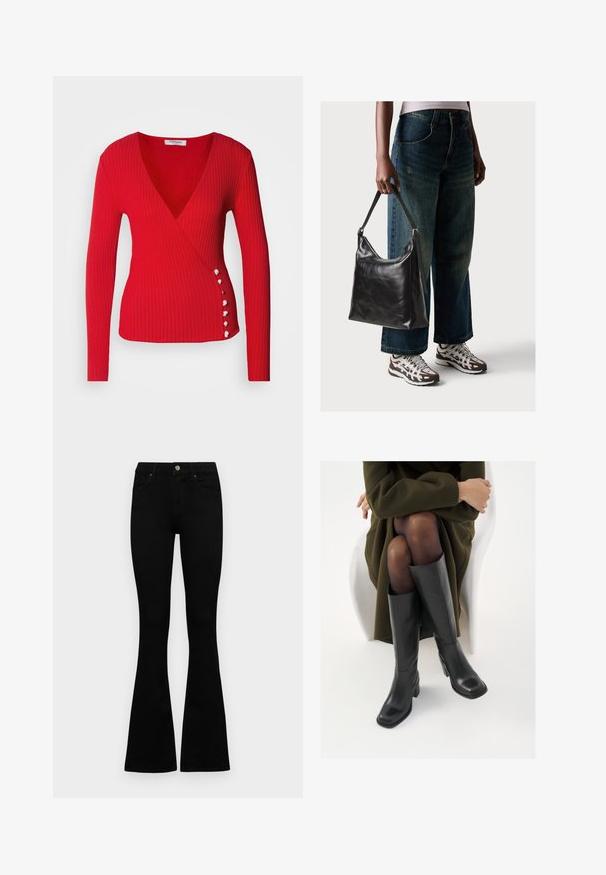 Morgan Pulover - rouge; Črne visokotopne kavbojke z gumbom in zadrgo, sprednjimi žepi in razširjenimi hlačnicami, poleg bel background.; Črne usnjene čevlje do kolen s kvadratnim prstom in blok peto, prikazani na modelu, ki sedi v olivno zeleni plašču. Gladka tekstura, minimalne podrobnosti.; Črna usnjena torba za ramo z gladko teksturo in nastavljivim trakom, v kombinaciji z zbledelimi širokimi hlačami in športnimi supergami.