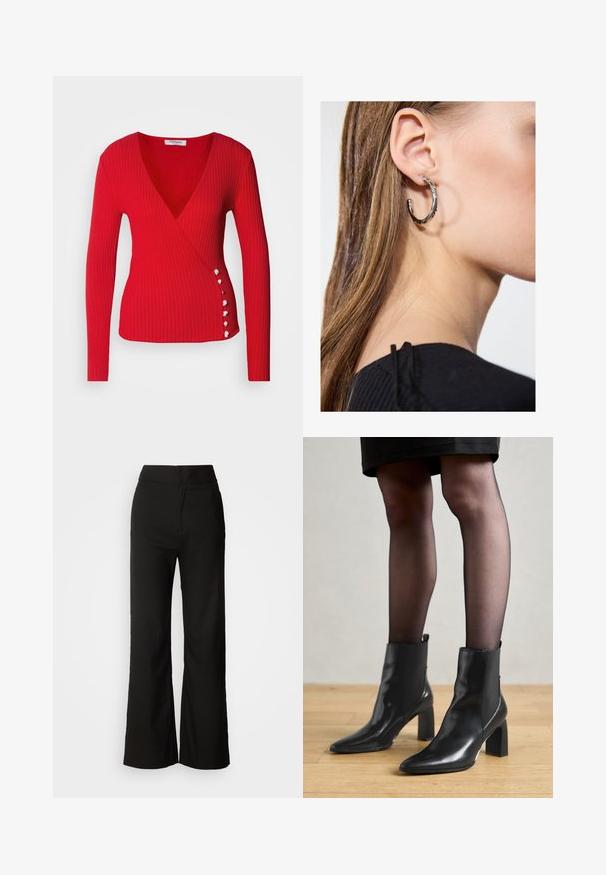 Morgan Maglione - rouge; Pantaloni neri a gamba larga con texture liscia, vita alta e design semplice. Nessuna tasca visibile o decorazioni.; Stivaletti neri in pelle con punta affusolata, tacco quadrato imponente e design elegante. Dotati di pannelli laterali elasticizzati per una facile vestibilità.; Orecchino a cerchio in argento con finitura lucida, caratterizzato da piccoli dettagli in oro e una forma tondeggiante, indossato sul lobo.
