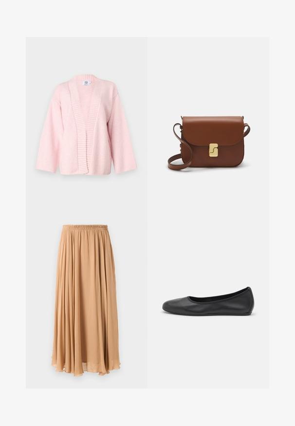 Light pink cardigan made from soft, textured fabric. Features a wide open front, ribbed edges, and elbow-length sleeves. No fastenings.; Maxi skirt in light beige, made of flowy fabric. Features a gathered elastic waistband and soft pleats for movement.; Black leather ballet flat with a rounded toe, smooth texture, minimal stitching detail, and a flexible sole design.; Brown leather handbag with a flap closure, gold-tone hardware, a shoulder strap, and a smooth texture. Compact rectangular shape.