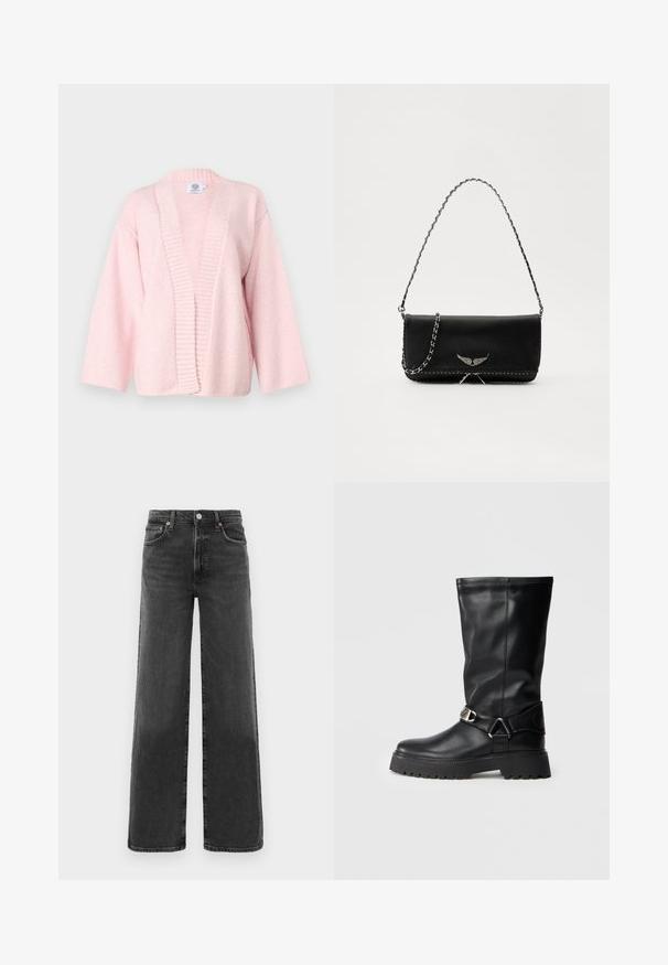 Light pink cardigan made from soft, textured fabric. Features a wide open front, ribbed edges, and elbow-length sleeves. No fastenings.; Black high-waist straight-leg denim jeans with front button and zipper, two front pockets, and two back pockets.; Black knee-high boots made of smooth leather, featuring a buckle accent on the side and a thick, textured sole for grip.; Black leather handbag with a silver chain strap, featuring decorative wing accents and white stitching along the bottom seam.