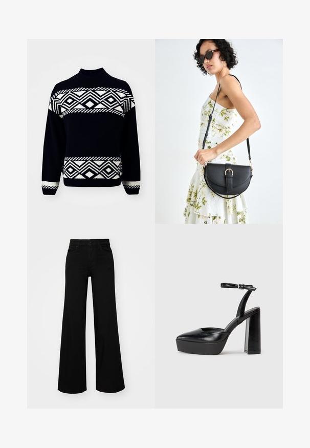 ONLY ONLVICTORIA - Strikkegenser - black/pumice stone; Svart vide bukser laget av denim, med en strukturert midjebånd, beltestropper og frontlommer. Glatt tekstur med et klassisk design.; Sorte plattformhelter med spiss tå og justerbar ankelrem. Laget av glatt lær, med en robust blokkhel.; Svart lærveske med en buet form, avtagbar stropp og gullbeslag. Vesken har et klaff med spenne-detall.